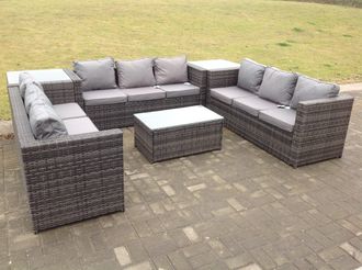 Fimous Outdoor Rattan Garden Furniture Lounge Sofa Set With Oblong Coffee Table & 2 Side Tall Table in Dark Grey