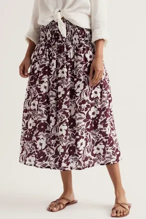 Seasalt Cornwall Rosemary Floral Organic Cotton Smocked Waist Midi Skirt in Summer Shadows Cacao at Nordstrom, Size 10