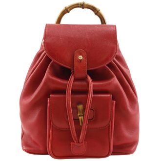 Gucci Vintage Bamboo Leather Red Leather Backpack Bag (Pre-Owned)