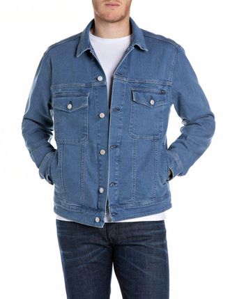 Replay Jeansjacke REPLAY, Herren, Gr. XXL, blau (medium blau), Obermaterial: 98% Baumwolle, 2% Elasthan, regular fit, mit Knopf angesetztes B&uuml;ndchen mit Schl