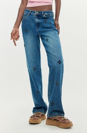 Desigual Embellished Slim Straight Leg Jeans in Dark Blue at Nordstrom, Size 36