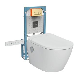 Vitra Conjunto De Inodoro Suspendido Sin Borde Con Funci&oacute;n De Bid&eacute; Integrado, Asiento Y Conexiones El&eacute;ctricas, Vitra V-care Ultra Blanco + Marco Autoportant