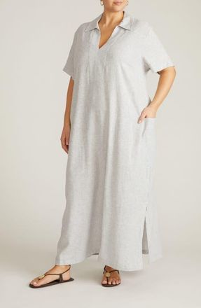 Universal Standard Leaf-Print Linen-Blend Maxi Dress in Beach Stripe at Nordstrom, Size Xs