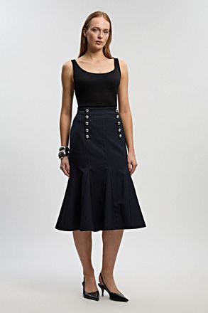 Karen Millen Womens Tailored Pinstripe Godet Midi Skirt - Black - Size 10 UK