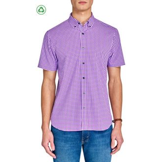 ConStruct Slim Fit Mini Check Recycled 4-Way Stretch Performance Short Sleeve Shirt in Lilac at Nordstrom, Size X-Large