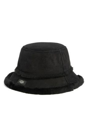 UGG Sheepskin Genuine Shearling Trimmed Bucket Hat in Black at Nordstrom Rack, Size Large/x-Large