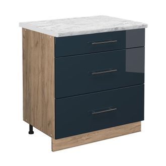 Vicco Mueble Bajo De Cocina Fame-line, Azul Oscuro Alto Brillo, 80 Cm Con 3 Cajones, Et M&aacute;rmol