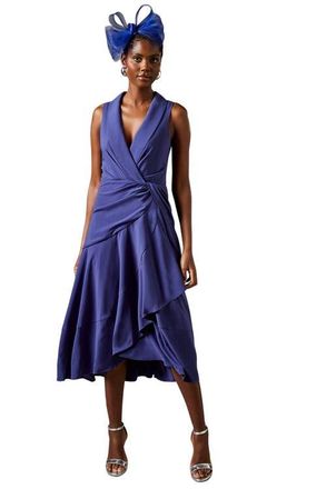 Coast Shawl Collar Ruffle Hem Midi Dress in Blue at Nordstrom, Size 10