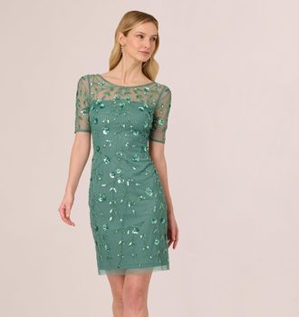Adrianna Papell 3D Floral Beaded Dress With Sheer Short Sleeves In Green Slate