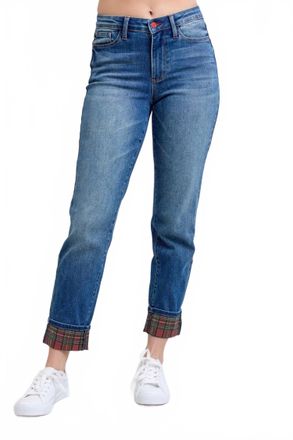 Judy Blue Mid Rise Plaid Print Cuff Boyfriend Jeans In Blue
