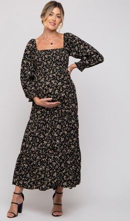 Pinkblush Floral Smocked Long Sleeve Maxi Dress in Black at Nordstrom, Size Medium