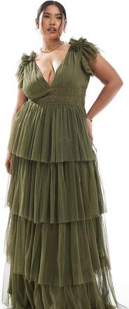 Lace & Beads Plus Vestito lungo da damigella a balze in tulle verde oliva intenso con volant