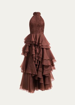 Aje Fayette Strapless Asymmetric Tiered-Ruffle Gown