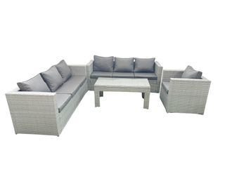 Fimous Wicker PE Rattan Sofa Garden Furniture Set with Oblong Coffee Table Armchair Light Grey Mixed