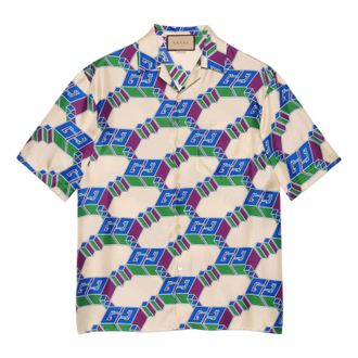 Gucci 3D GG Print Silk Shirt Blue Ivory 770432-ZAPEY-9093