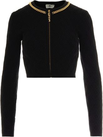 Elisabetta Franchi Black Diamond-Knit Cardigan With Jewel Detail