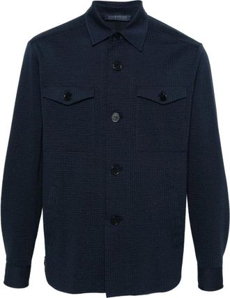 Harris Wharf London Navy Blauwe Seersucker Overhemd Jas - Heren - Zomerjassen - Blauw - 2XL - Katoen - Jassen