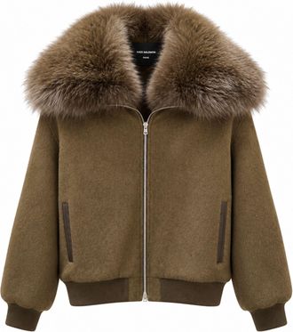 Yves Salomon Wool Flannel Bomber Jacket with Plush Fox Fur Collar