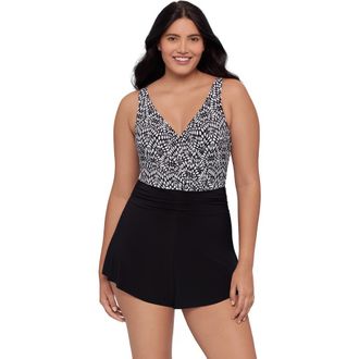 Trimshaper Rebecca Surplice Swim Romper with Pockets in Balinese Block at Nordstrom, Size 24W
