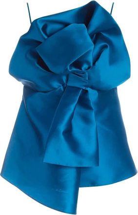 Alberta Ferretti Teal Blue Silk Blend Maxi Bow Top - Dames - Tops zonder mouwen - Blauw - M - Polyester - Tops