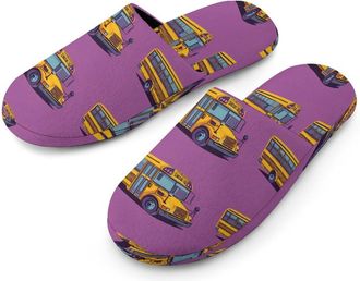 Generic School Bus Pattern Mens Cozy Memory Foam Slippers Warm Cotton House Shoes Comfy Slipper for Indoor Outdoor
