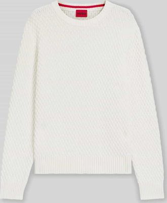 HUGO BOSS Regular Fit Strickpullover mit 3D-Strukturmuster Modell SYER in Offwhite, Größe XXL