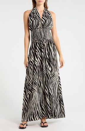 Elan Halter Smocked Waist Maxi Cover-Up Dress in Black Zebra at Nordstrom, Size X-Large