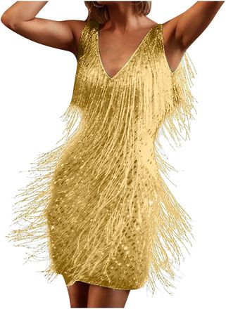 Generic Fringed Sparkly Sequin Dress for Women Fashion Flapper Tassels Cocktail Dress Plus Size Evening Party Dance Mini Dresses, 01-Gold, XXL