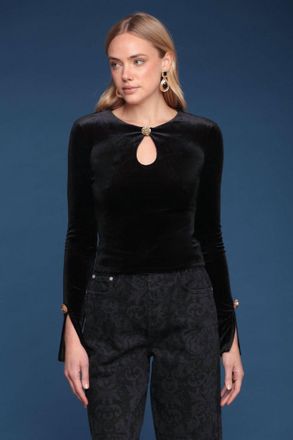 Avec Les Filles Rose Button Top In Black Velvet