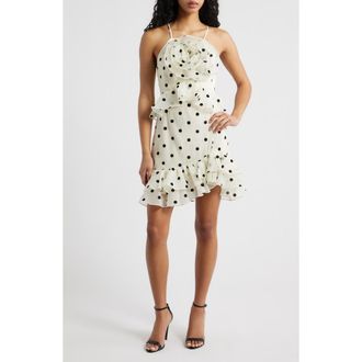 Lucy Paris Remy Polka Dot Rosette Ruffle Minidress in Cream Black at Nordstrom, Size X-Large
