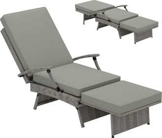 OUTSUNNY Foldable Rattan Garden Recliner Chair w/ Cushion - Footrest - Cream | TJ Hughes
