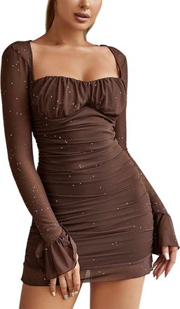 Generic Womens Sheer Long Sleeve Sequin Bodycon Mini Dress Sexy Sparkly Ruched Mesh Party Going Out Dress