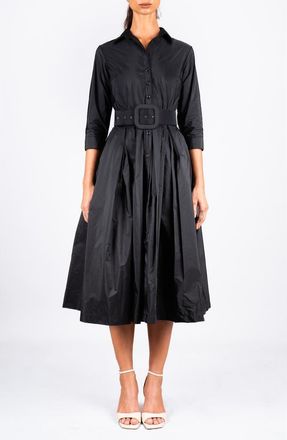 Samantha Sung Silk Pleated Midi Audrey Shirtdress in Black at Nordstrom, Size 12
