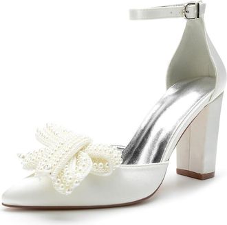 Generic Womens Block Heel Wedding Shoes Bridal Pointy Toe High Heels Wedding Heels Bridal Shoes Satin Prom Party Dress Pumps 9Cm,Ivory,10 UK