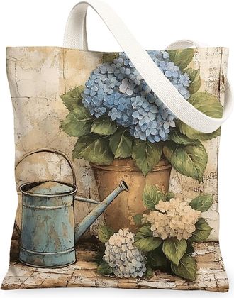 Generic Spring Farmhouse Hydrangea Canvas Tote Bag for Shopping 13x15, Rustic Vintage Floral Reusable Grocery Print Bag for Women, Country Flower Beach Aesthe