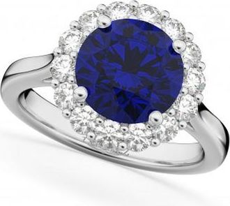 Allurez Halo Round Lab Blue Sapphire & Lab Grown Diamond Engagement Ring 14K White Gold 4.45ct
