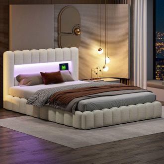 OEM Estructura De Cama 160x200 Cm, Led, Usb, Tela De Lino, Hidr&aacute;ulica, Estilo Moderno, Cama Para Adultos 160x200 Cm, Cama De 2 Plazas, Beige