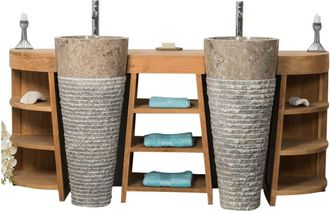 Wanda Collection Mueble de ba&ntilde;o de teca doble 180cm + lavabos gris