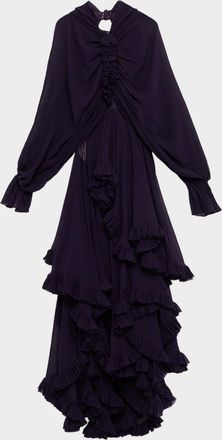 Alexander McQueen Draped Open-Back Ruffle Cape Gown