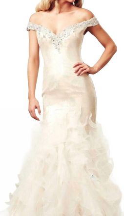 Mac Duggal Off-The-Shoulder Ball Gown With Sequins And Chiffon Ruffles In Ivory/nude