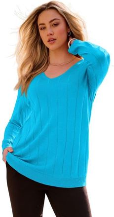 Roaman's Plus Size Drop Needle V Neck Lightweight Sweater Knit in Ocean at Nordstrom, Size 6X