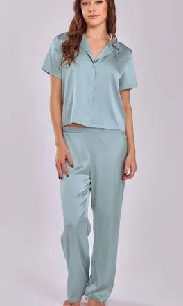 iCollection Stretch Satin Pajama Set with Button-Down Top in Sage at Nordstrom, Size X-Small