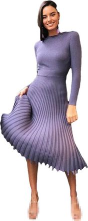 Generic Women Knitted Dress Autumn Winter Basic Full Sleeve Ladies Slim Vintage Dress Party Female Sweater Dress Purple L