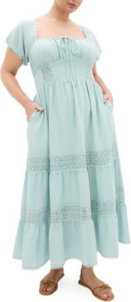 City Chic Haven Lace Trim Puff Sleeve Midi Dress in Seafoam at Nordstrom, Size Xxxs