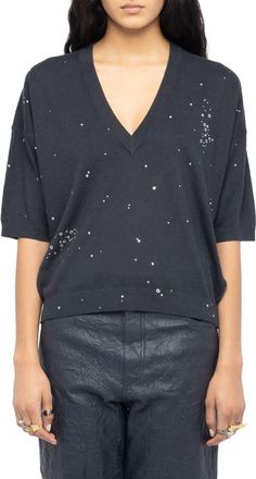 Zadig&Voltaire Wully Lico Embellished Linen Blend V-Neck Sweater in Stone at Nordstrom, Size X-Small Regular