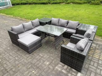 Fimous Wicker Rattan Outdoor Furniture Lounge Sofa Garden Dining Set with Dining Table 2 Side Tables Big Footstool in Dark Grey
