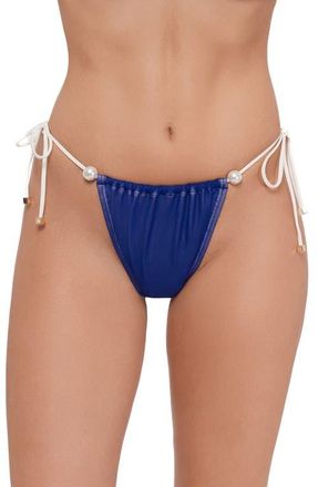 Steve Madden Ruched Faux Pearl Tanga Bikini Bottoms in Midnight at Nordstrom, Size X-Small