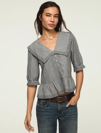 Lucky Brand Womens Peter Pan Peplum Blouse