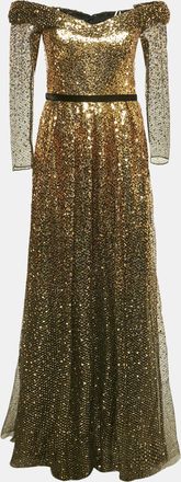 Marchesa Black/gold Sequin Embellished Tulle Off Shoulder Gown