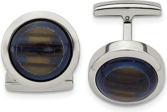 Diamond2Deal Stainless Steel Polished Blue and Brown Cats Eye Circle Cufflinks